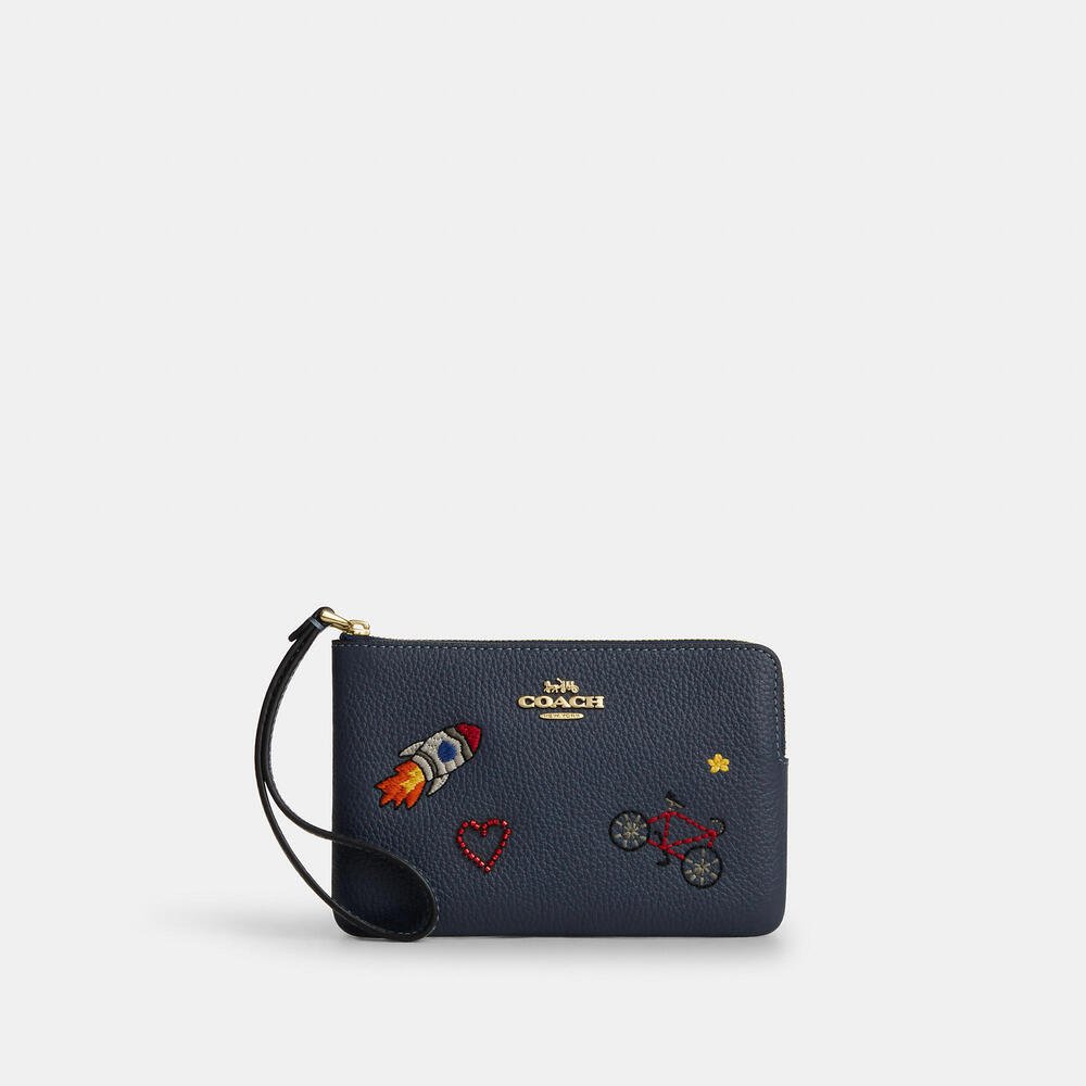 Coach Navy Corner Zip Wristlet with embroidery
